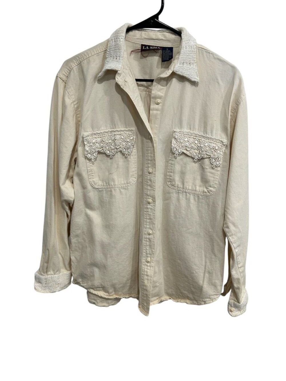 La Sha Button Front Cotton Shirt Beige Cream Sz Small Lace Trim Pearl Buttons